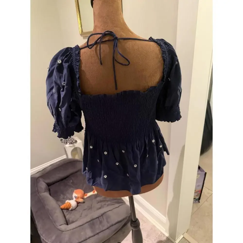 Hill House Navy Blue Smocked Embellished Puff Sleeve Blouse sz L